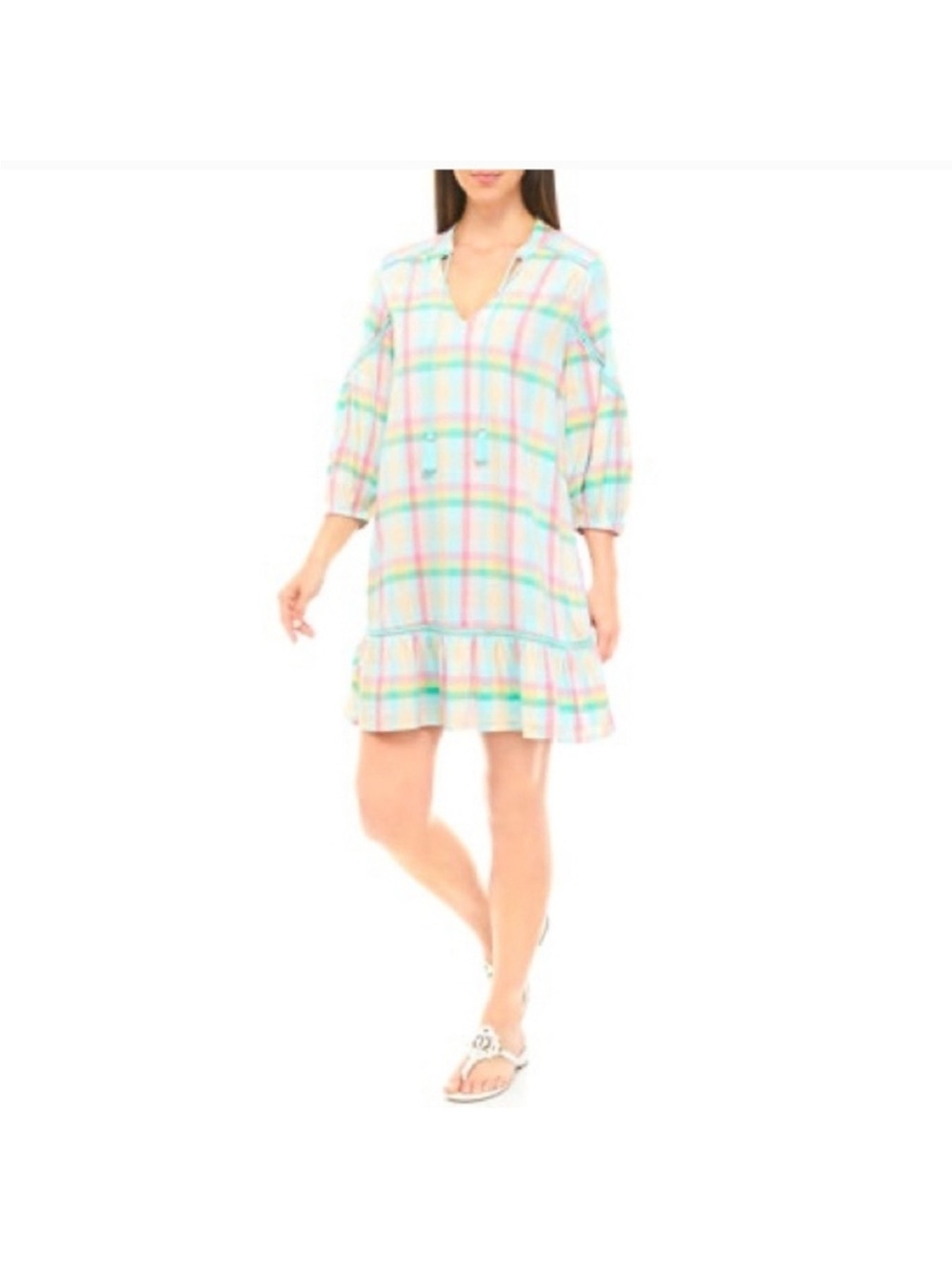 crown & ivy Petite sz PS small Pastel Plaid Tunic Mini Dress Peasant Sleeve